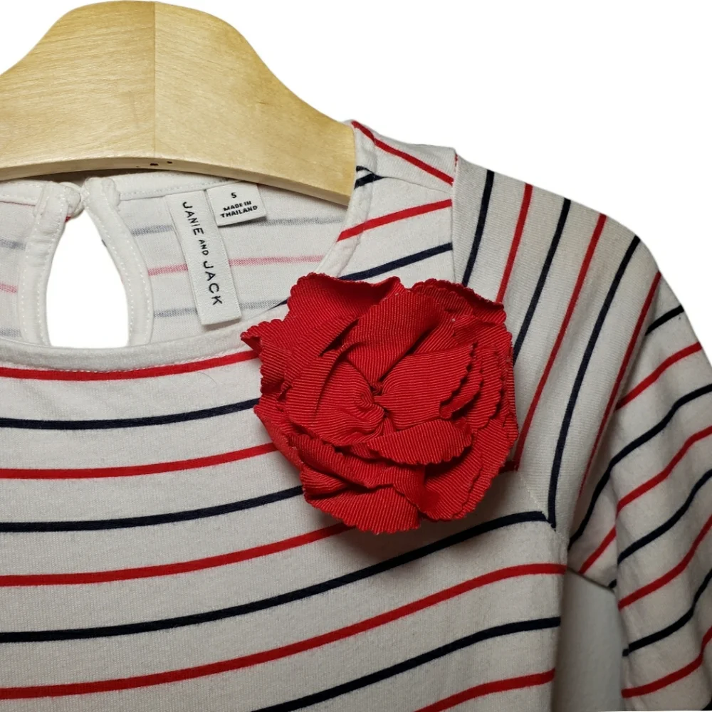 Janie and Jack Size 5 Girls Striped 3/4 Sleeve Tee with Red Rosette Flower